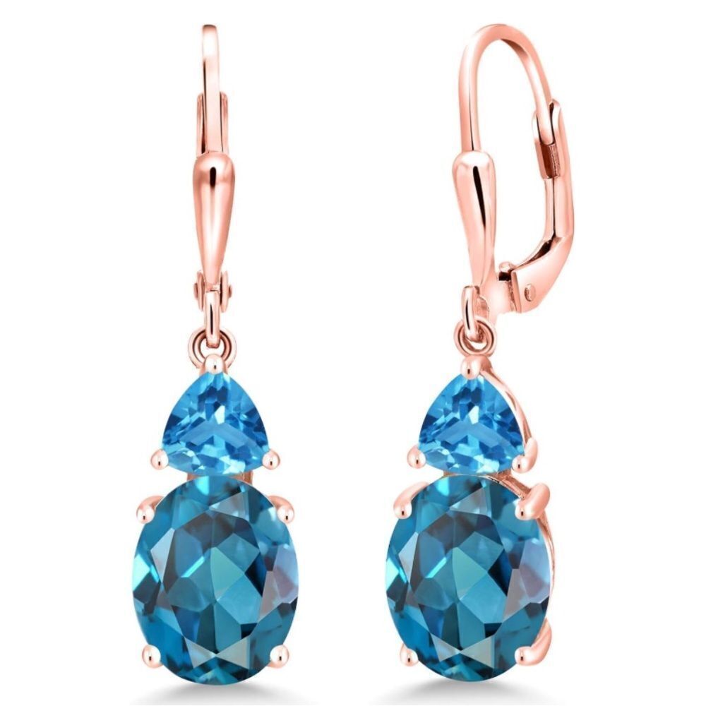 18K Rose Gold with 7.16 Cttw London and Swiss Blue Topaz Leverback Drop Earrings